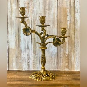 Antique/Vtg 20s Victorian Goth 3 Arm Candelabra Gilding Over Bronze/Brass Alloy